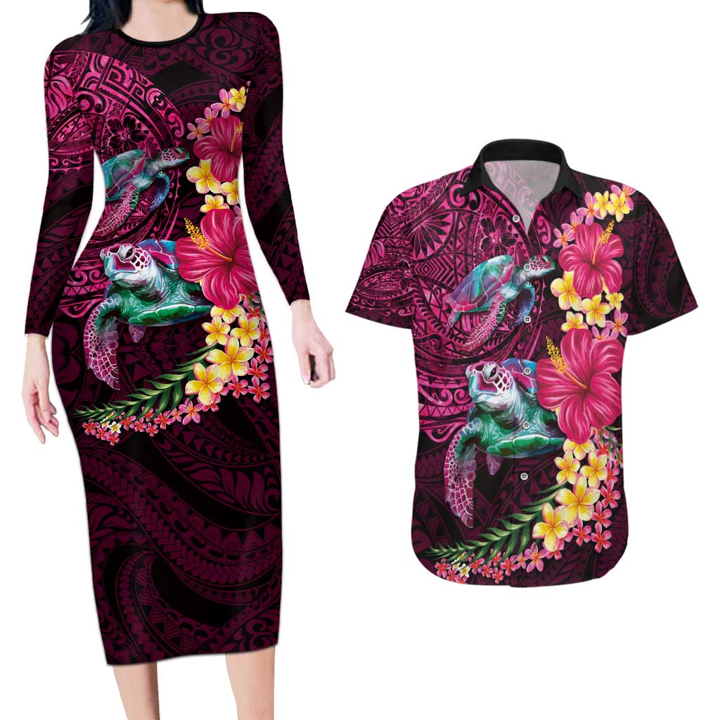 Hawaiian Plumeria and Hibiscus with Turtles Couples Matching Long Sleeve Bodycon Dress and Hawaiian Shirt Polynesian Art Red Color - Polynesian Pride