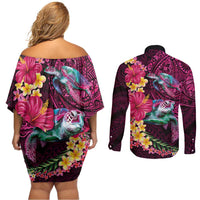 Hawaiian Plumeria and Hibiscus with Turtles Couples Matching Off Shoulder Short Dress and Long Sleeve Button Shirt Polynesian Art Red Color - Polynesian Pride