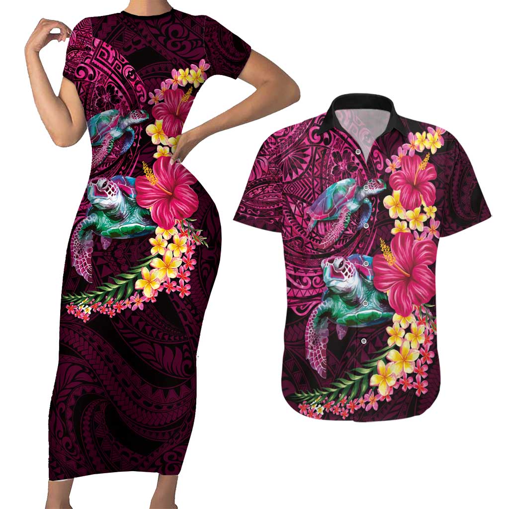 Hawaiian Plumeria and Hibiscus with Turtles Couples Matching Short Sleeve Bodycon Dress and Hawaiian Shirt Polynesian Art Red Color - Polynesian Pride