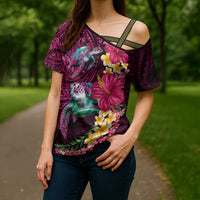 Hawaiian Plumeria and Hibiscus with Turtles Cross Shoulder Shirt Polynesian Art Red Color - Polynesian Pride