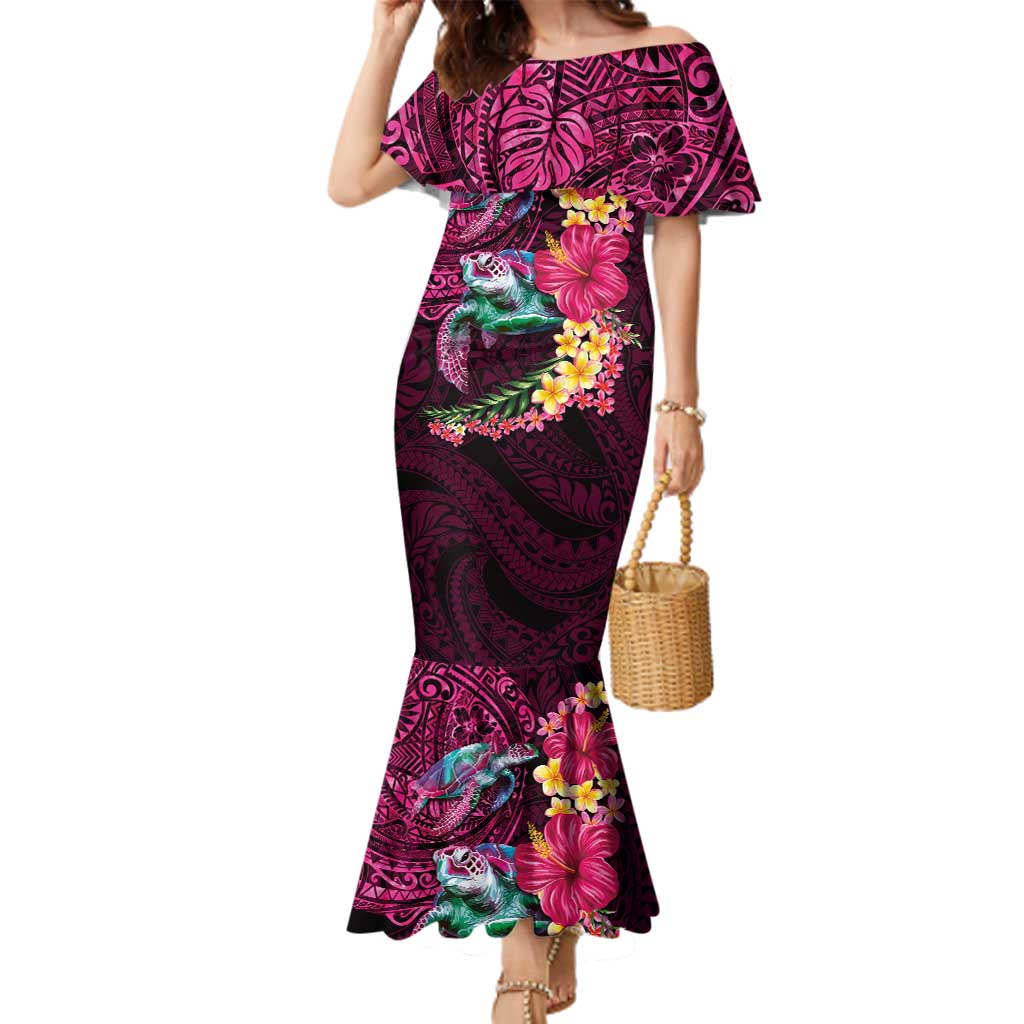 Hawaiian Plumeria and Hibiscus with Turtles Family Matching Mermaid Dress and Hawaiian Shirt Polynesian Art Red Color - Polynesian Pride