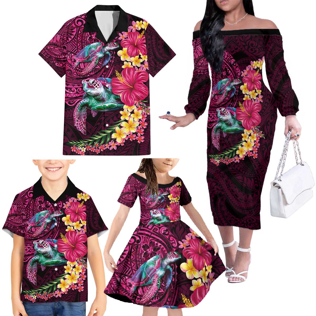 Hawaiian Plumeria and Hibiscus with Turtles Family Matching Off The Shoulder Long Sleeve Dress and Hawaiian Shirt Polynesian Art Red Color - Polynesian Pride