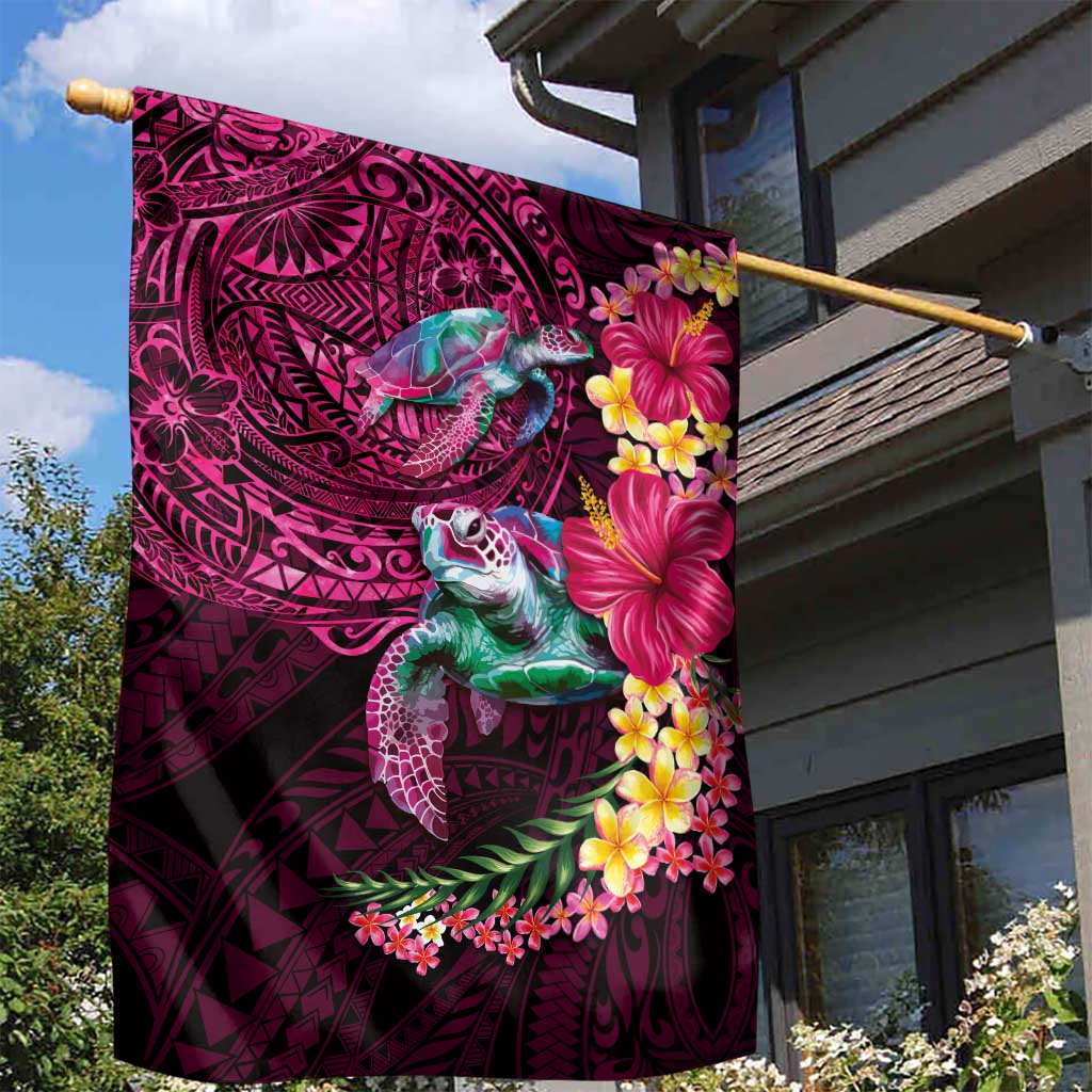 Hawaiian Plumeria and Hibiscus with Turtles Garden Flag Polynesian Art Red Color - Polynesian Pride