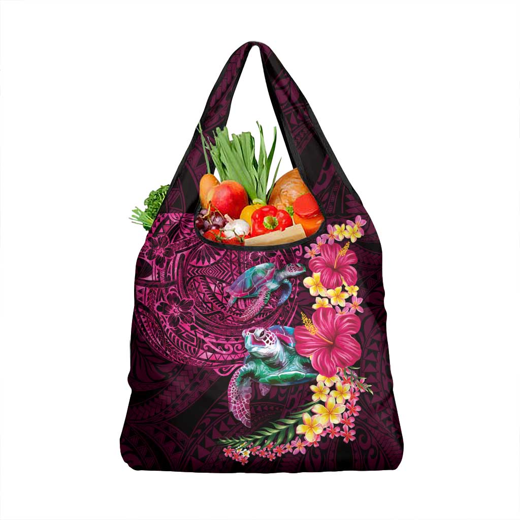 Hawaiian Plumeria and Hibiscus with Turtles Grocery Bag Polynesian Art Red Color LT03 1-pack One Size Red - Polynesian Pride