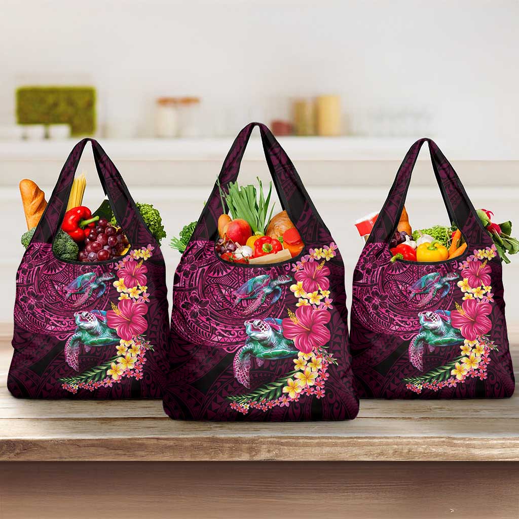 Hawaiian Plumeria and Hibiscus with Turtles Grocery Bag Polynesian Art Red Color LT03 3-pack One Size Red - Polynesian Pride
