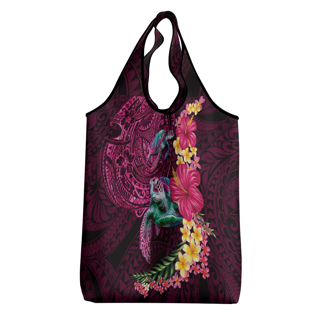 Hawaiian Plumeria and Hibiscus with Turtles Grocery Bag Polynesian Art Red Color LT03 - Polynesian Pride