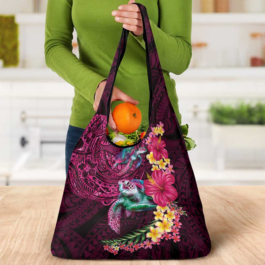 Hawaiian Plumeria and Hibiscus with Turtles Grocery Bag Polynesian Art Red Color LT03 - Polynesian Pride