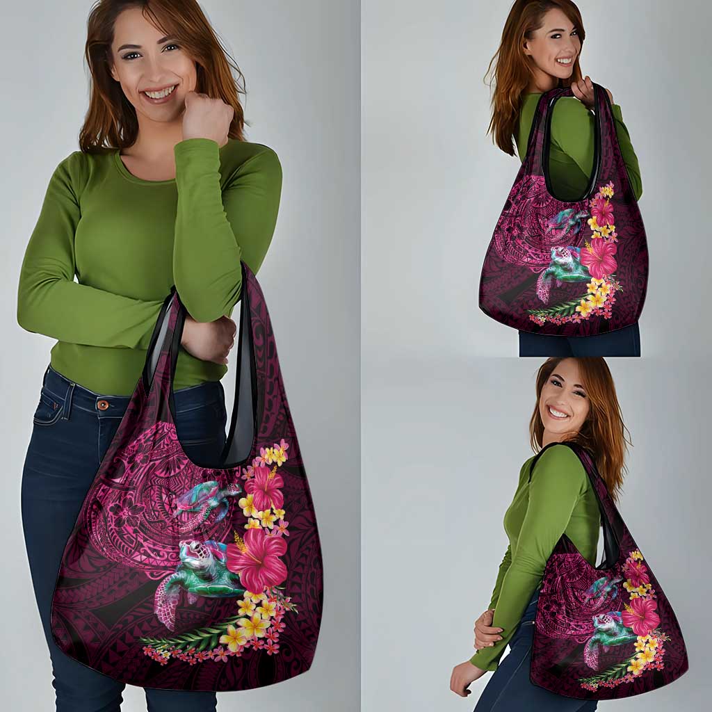 Hawaiian Plumeria and Hibiscus with Turtles Grocery Bag Polynesian Art Red Color LT03 - Polynesian Pride