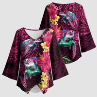 Hawaiian Plumeria and Hibiscus with Turtles Kimono Sleeve Blouse Polynesian Art Red Color - Polynesian Pride