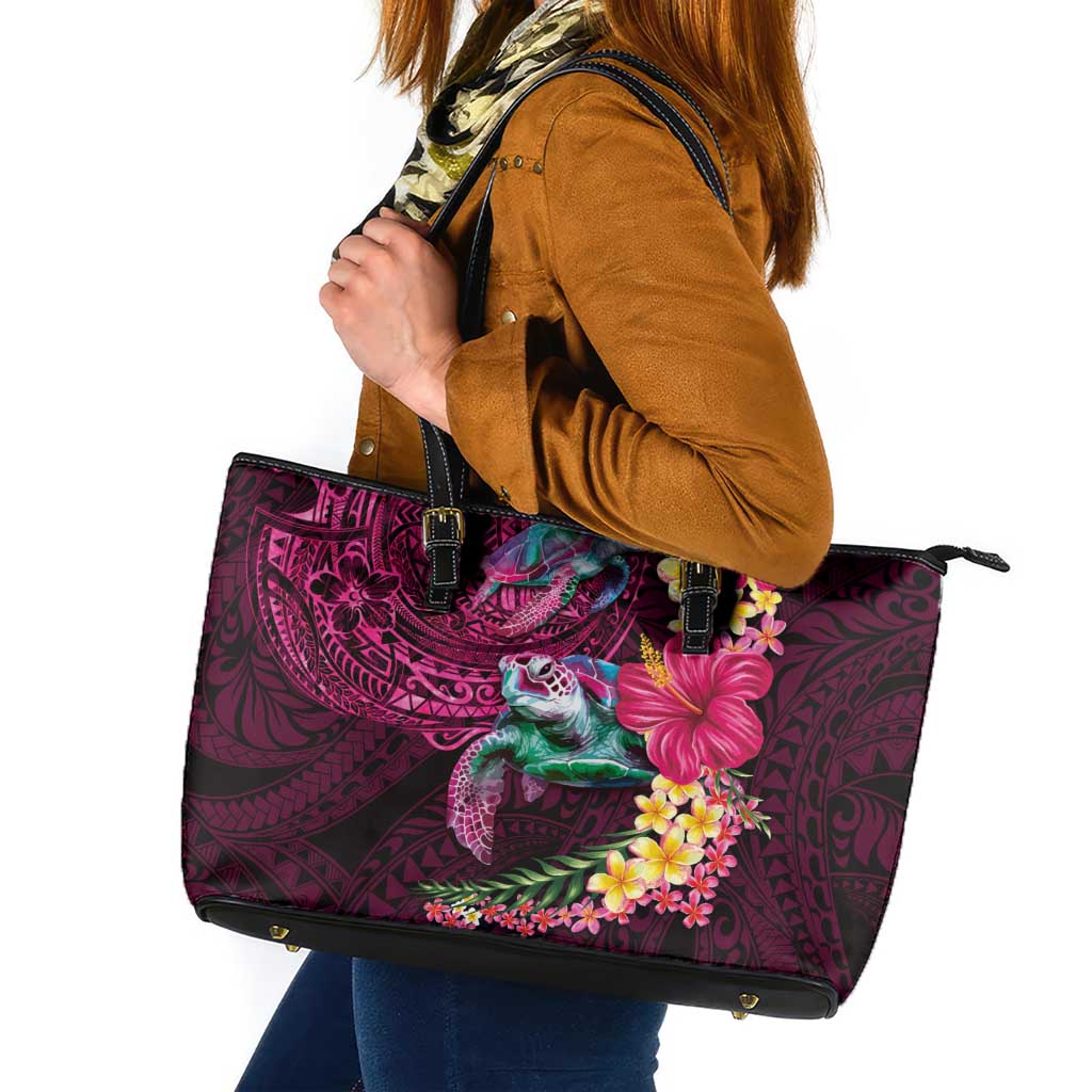 Hawaiian Plumeria and Hibiscus with Turtles Leather Tote Bag Polynesian Art Red Color LT03 Red - Polynesian Pride