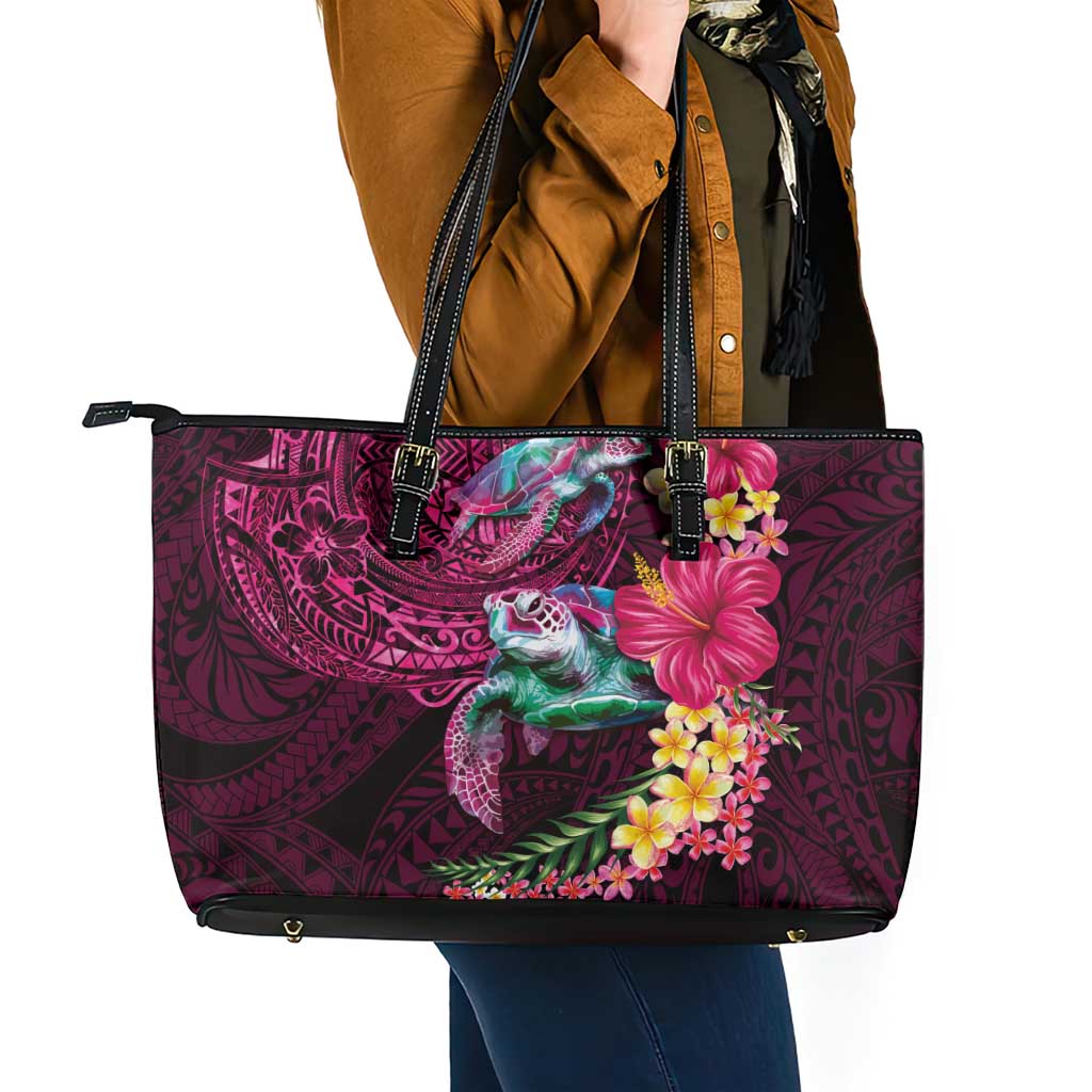 Hawaiian Plumeria and Hibiscus with Turtles Leather Tote Bag Polynesian Art Red Color LT03 - Polynesian Pride
