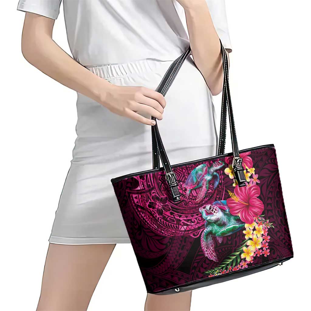Hawaiian Plumeria and Hibiscus with Turtles Leather Tote Bag Polynesian Art Red Color LT03 - Polynesian Pride