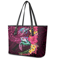Hawaiian Plumeria and Hibiscus with Turtles Leather Tote Bag Polynesian Art Red Color LT03 - Polynesian Pride
