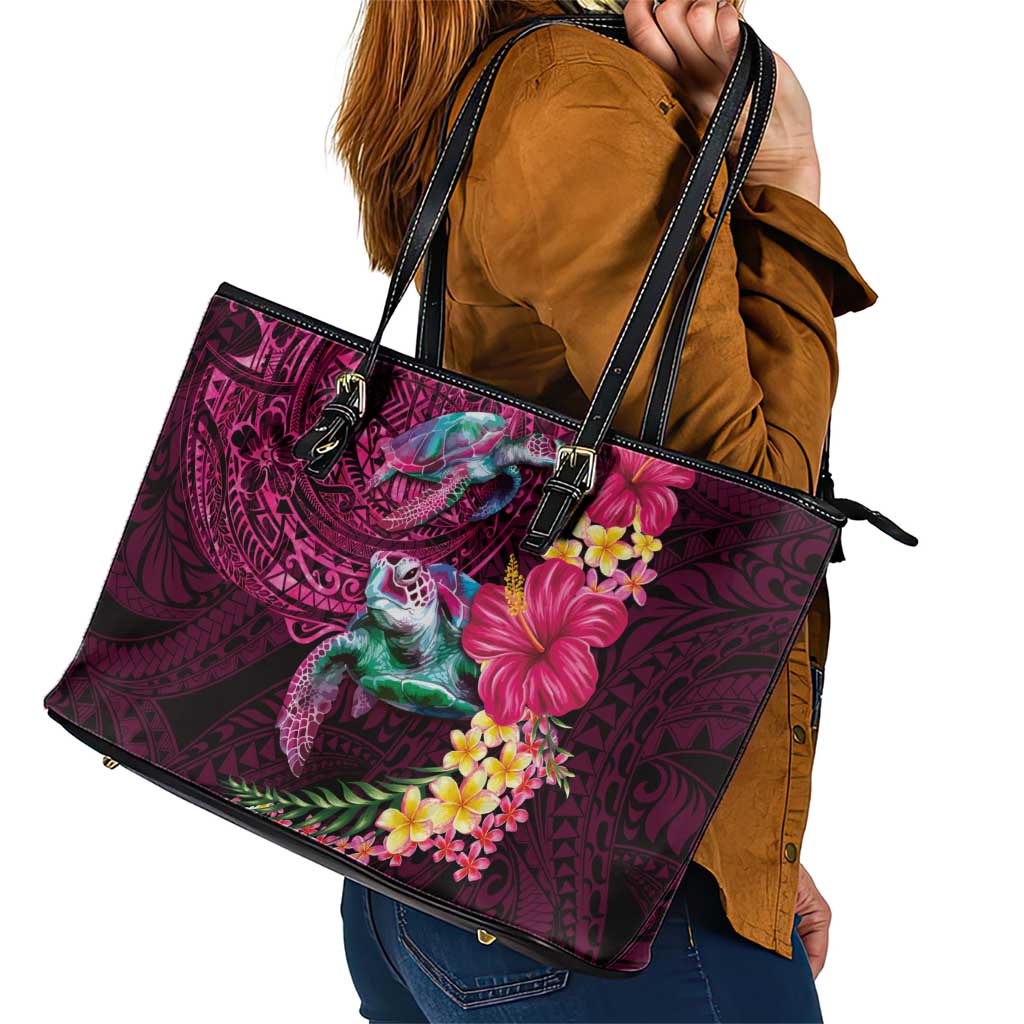 Hawaiian Plumeria and Hibiscus with Turtles Leather Tote Bag Polynesian Art Red Color LT03 - Polynesian Pride