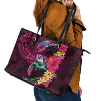 Hawaiian Plumeria and Hibiscus with Turtles Leather Tote Bag Polynesian Art Red Color LT03 - Polynesian Pride