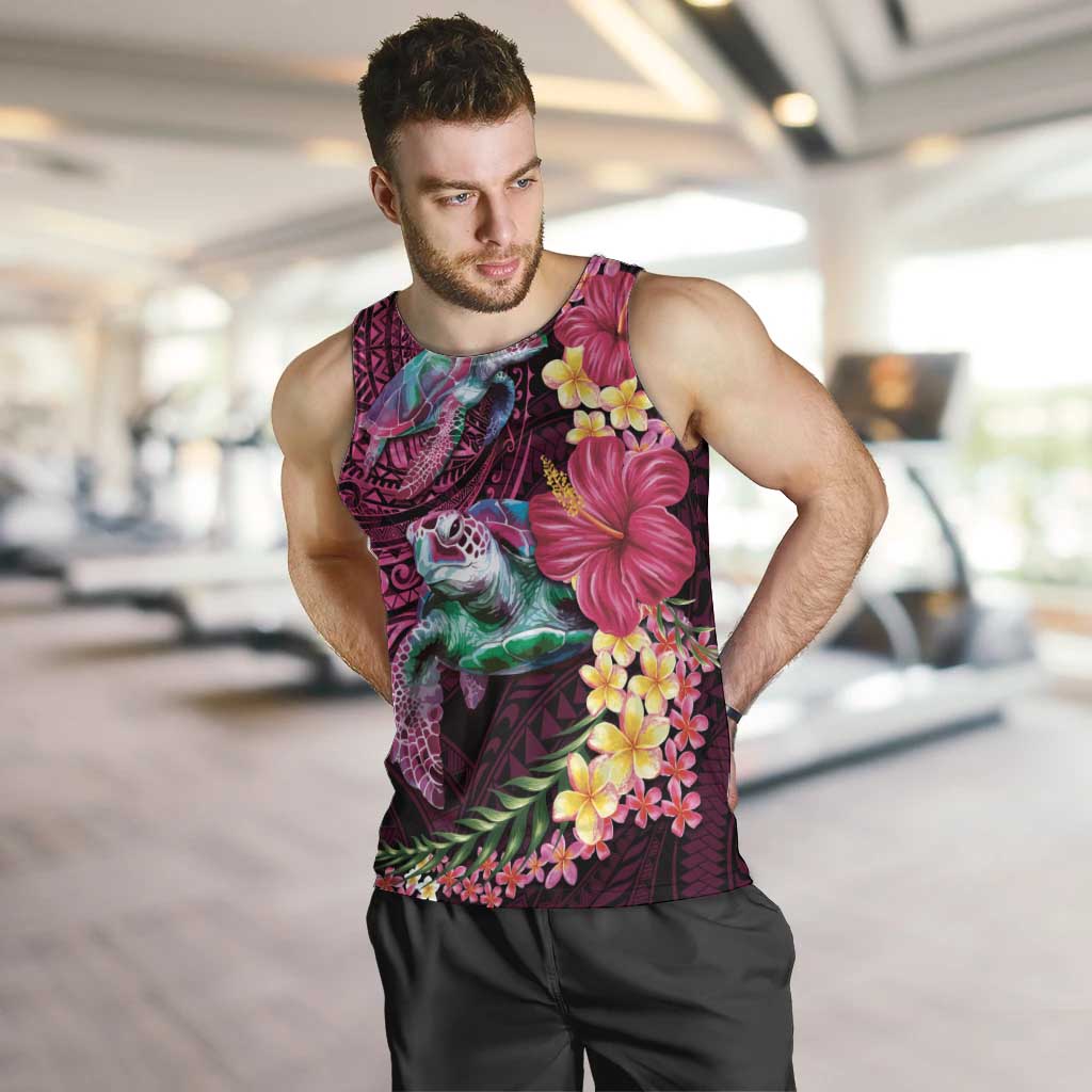 Hawaiian Plumeria and Hibiscus with Turtles Men Tank Top Polynesian Art Red Color - Polynesian Pride