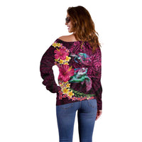 Hawaiian Plumeria and Hibiscus with Turtles Off Shoulder Sweater Polynesian Art Red Color - Polynesian Pride