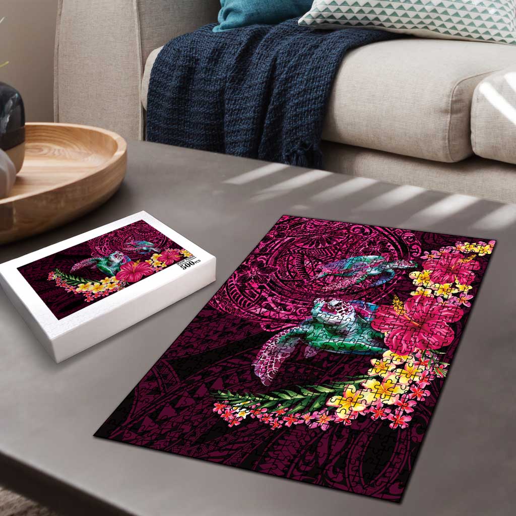 Hawaiian Plumeria and Hibiscus with Turtles Puzzle Polynesian Art Red Color - Polynesian Pride