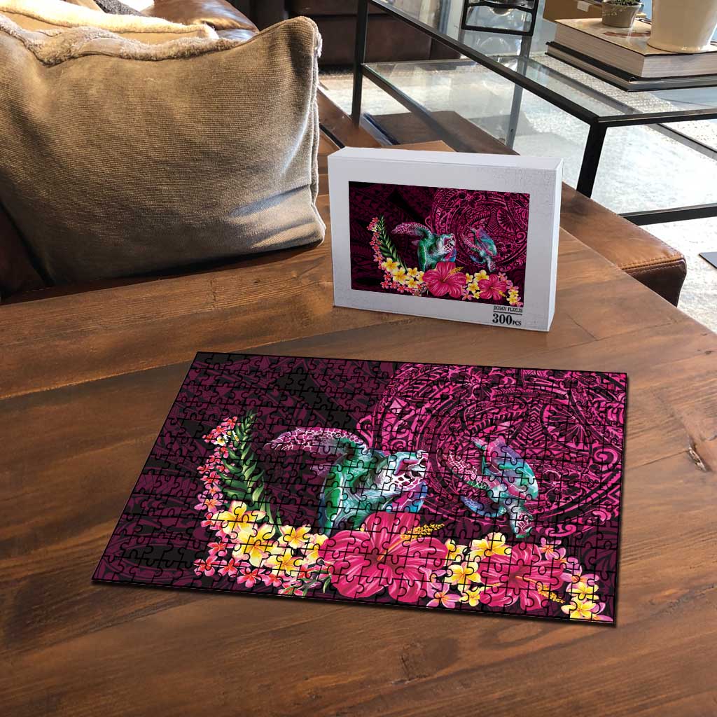 Hawaiian Plumeria and Hibiscus with Turtles Puzzle Polynesian Art Red Color - Polynesian Pride