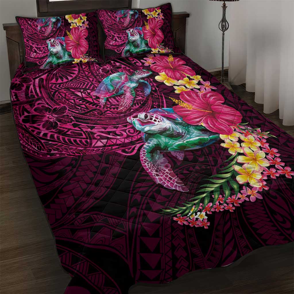 Hawaiian Plumeria and Hibiscus with Turtles Quilt Bed Set Polynesian Art Red Color - Polynesian Pride