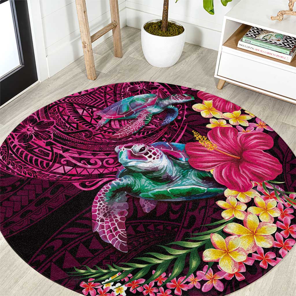 Hawaiian Plumeria and Hibiscus with Turtles Round Carpet Polynesian Art Red Color - Polynesian Pride