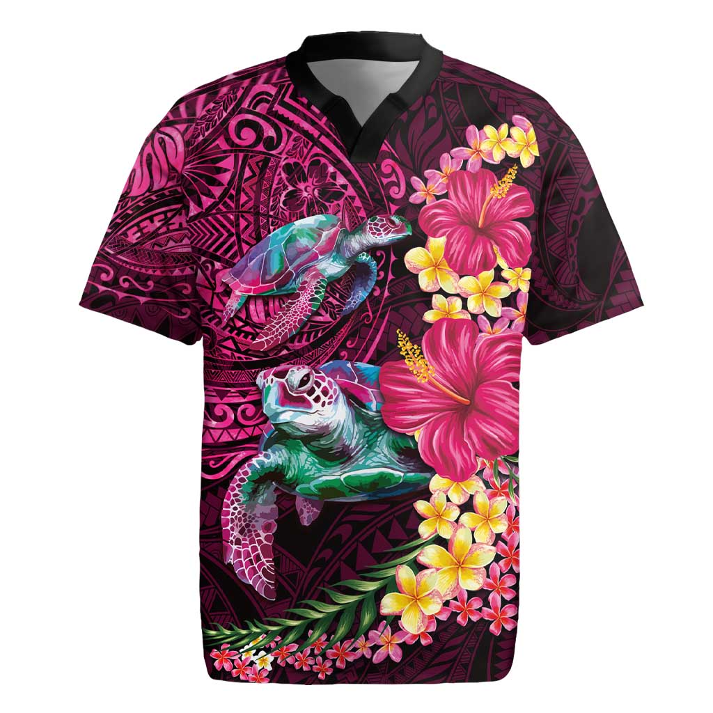 Hawaiian Plumeria and Hibiscus with Turtles Rugby Jersey Polynesian Art Red Color - Polynesian Pride