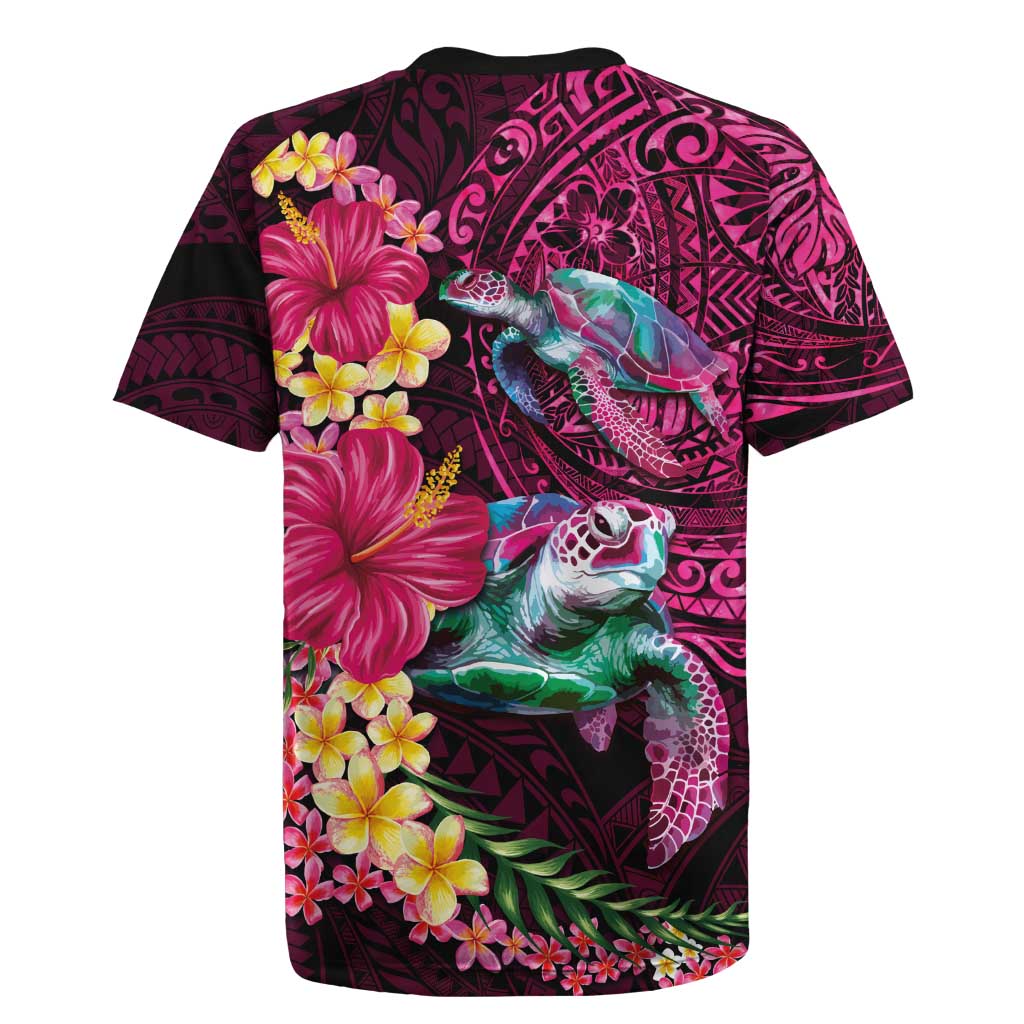 Hawaiian Plumeria and Hibiscus with Turtles Rugby Jersey Polynesian Art Red Color - Polynesian Pride