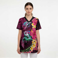 Hawaiian Plumeria and Hibiscus with Turtles Scrub Top Polynesian Art Red Color - Polynesian Pride