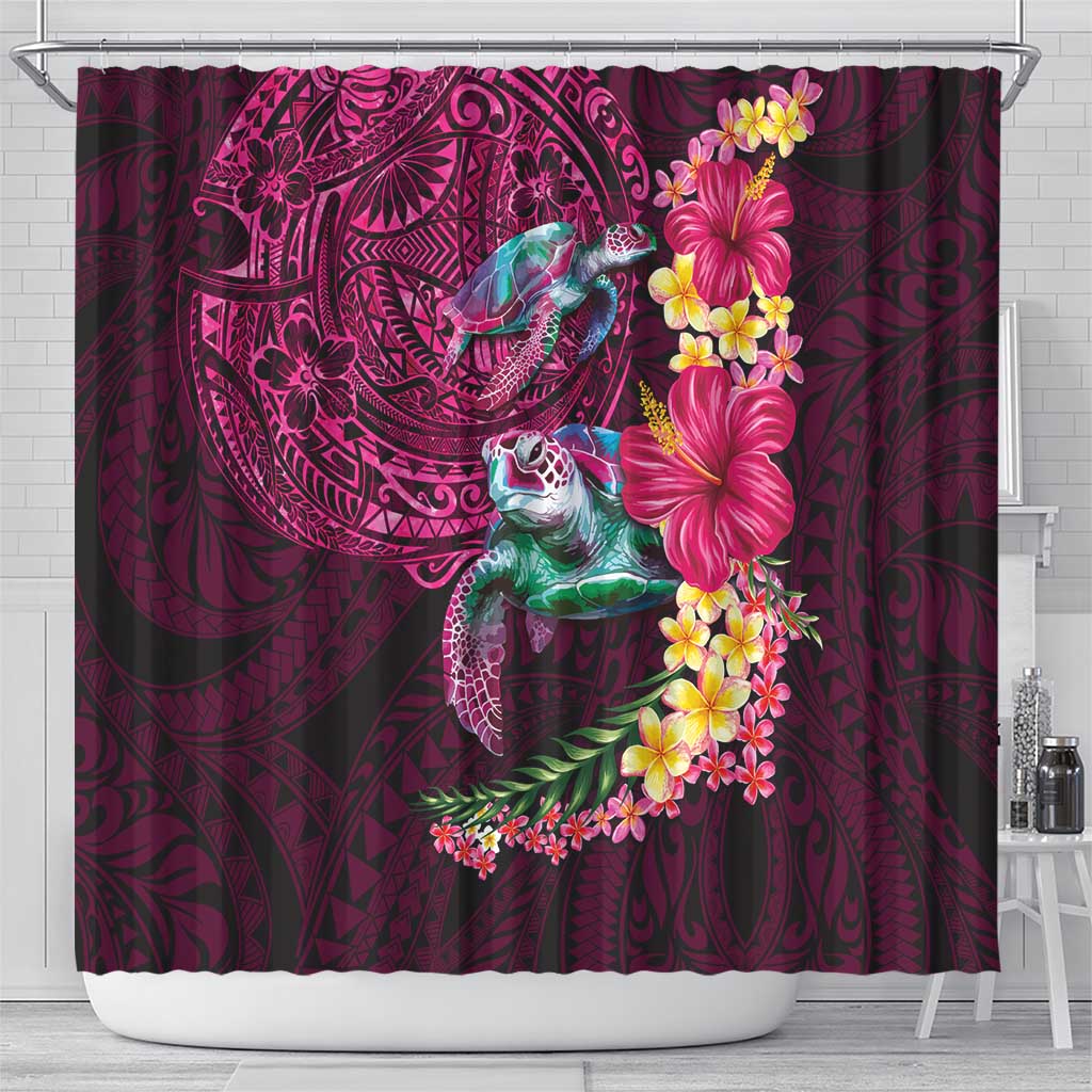 Hawaiian Plumeria and Hibiscus with Turtles Shower Curtain Polynesian Art Red Color - Polynesian Pride