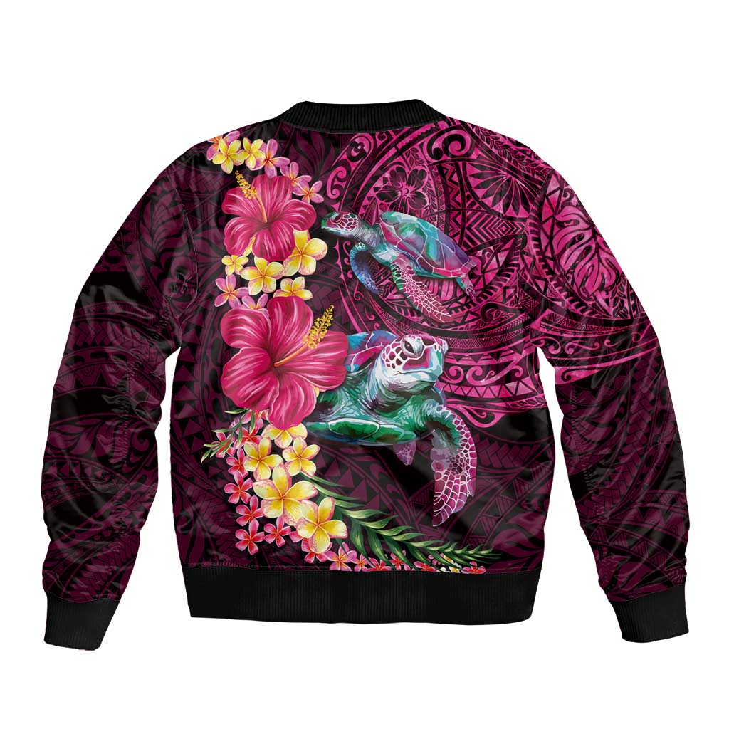 Hawaiian Plumeria and Hibiscus with Turtles Sleeve Zip Bomber Jacket Polynesian Art Red Color - Polynesian Pride
