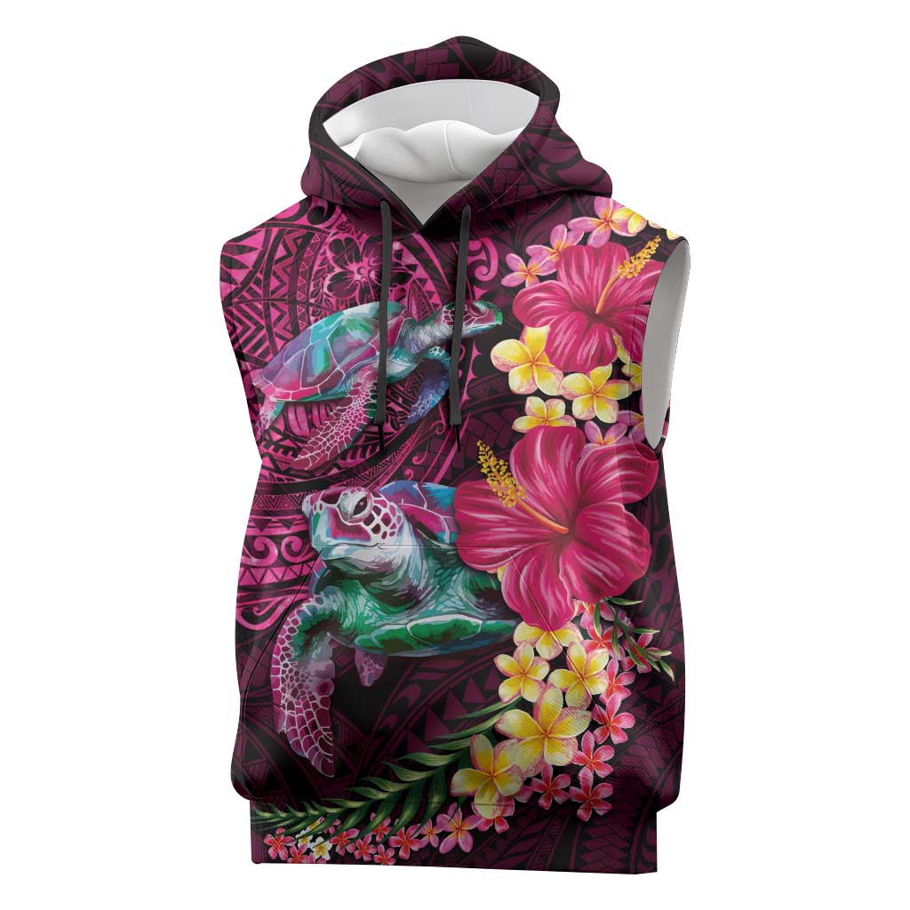 Hawaiian Plumeria and Hibiscus with Turtles Sleeveless Hoodie Polynesian Art Red Color - Polynesian Pride