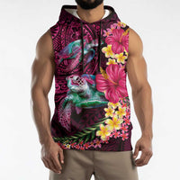 Hawaiian Plumeria and Hibiscus with Turtles Sleeveless Hoodie Polynesian Art Red Color - Polynesian Pride