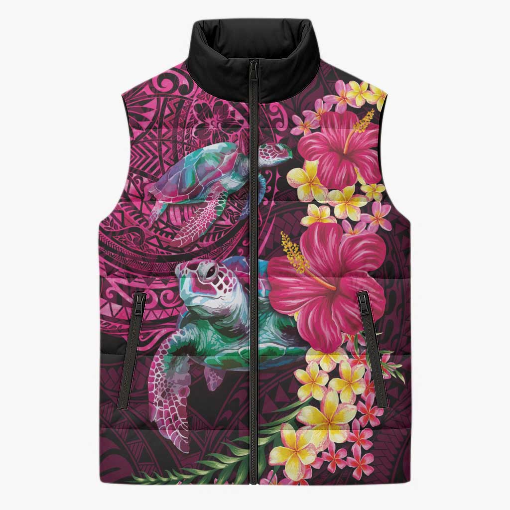 Hawaiian Plumeria and Hibiscus with Turtles Sleeveless Puffer Jacket Polynesian Art Red Color - Polynesian Pride