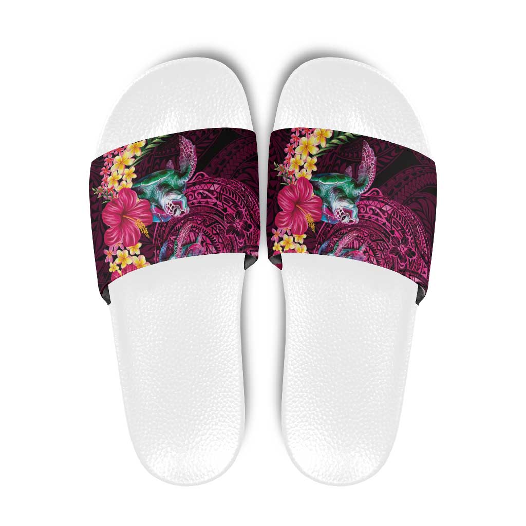 Hawaiian Plumeria and Hibiscus with Turtles Slide Sandals Polynesian Art Red Color LT03 Red - Polynesian Pride