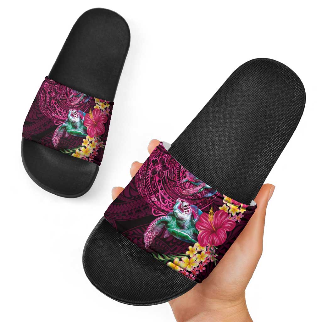 Hawaiian Plumeria and Hibiscus with Turtles Slide Sandals Polynesian Art Red Color LT03 - Polynesian Pride
