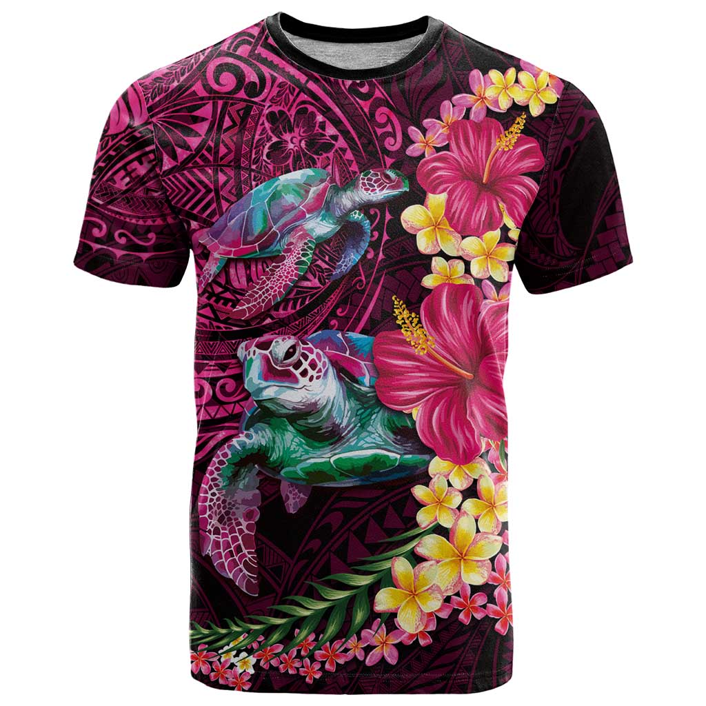 Hawaiian Plumeria and Hibiscus with Turtles T Shirt Polynesian Art Red Color - Polynesian Pride