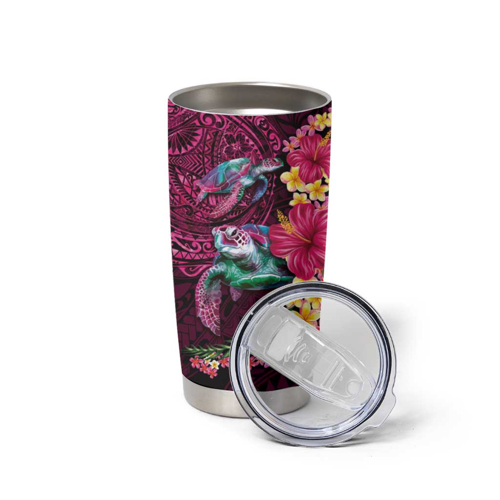 Hawaiian Plumeria and Hibiscus with Turtles Tumbler Cup Polynesian Art Red Color - Polynesian Pride