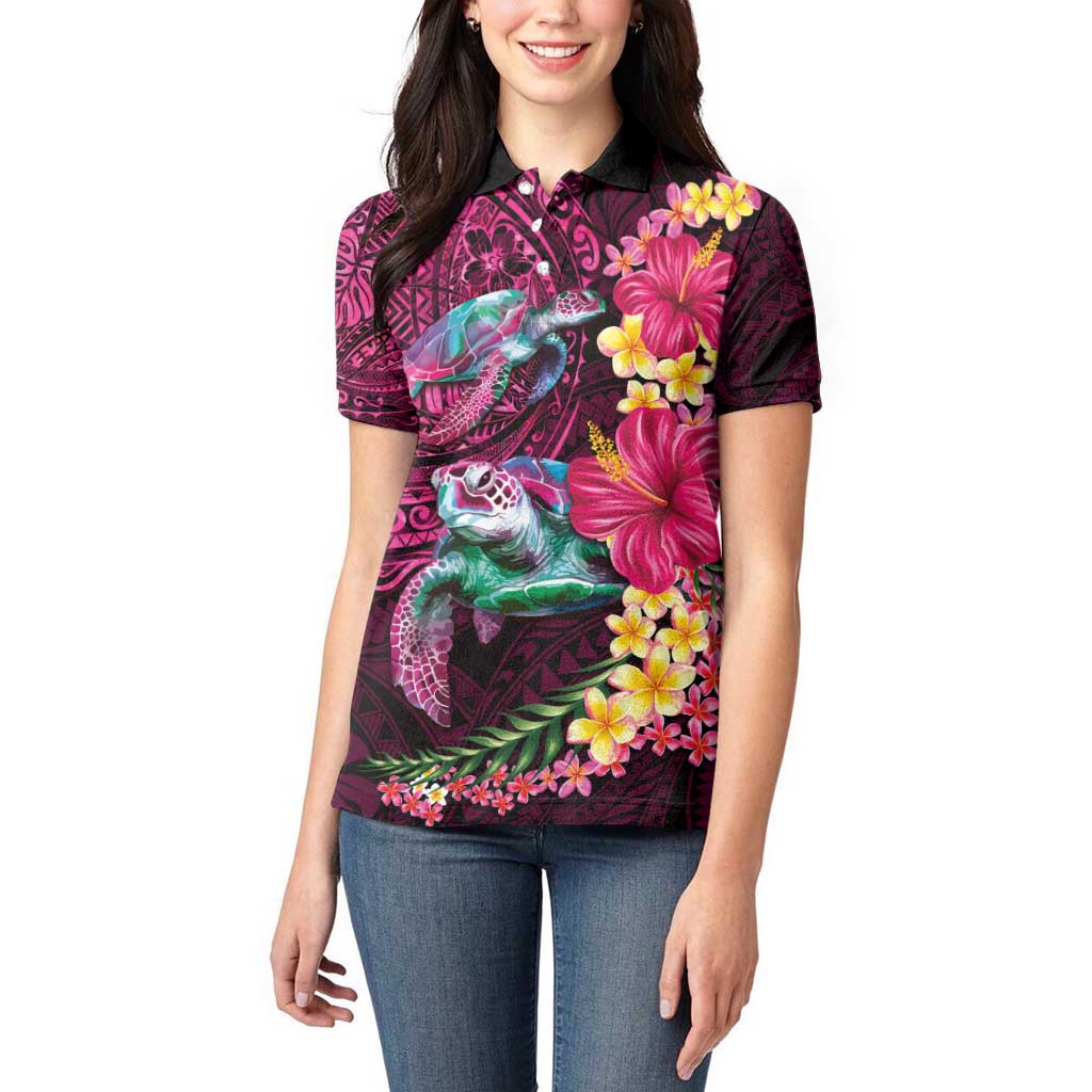Hawaiian Plumeria and Hibiscus with Turtles Women Polo Shirt Polynesian Art Red Color - Polynesian Pride