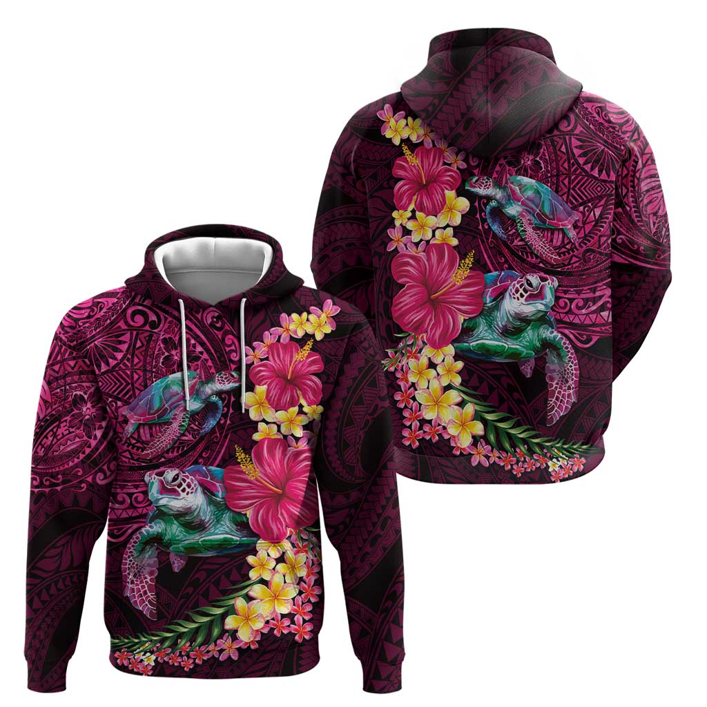 Hawaiian Plumeria and Hibiscus with Turtles Zip Hoodie Polynesian Art Red Color - Polynesian Pride