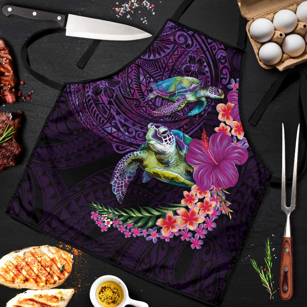 Hawaiian Plumeria and Hibiscus with Turtles Apron Polynesian Art Purple Color - Polynesian Pride