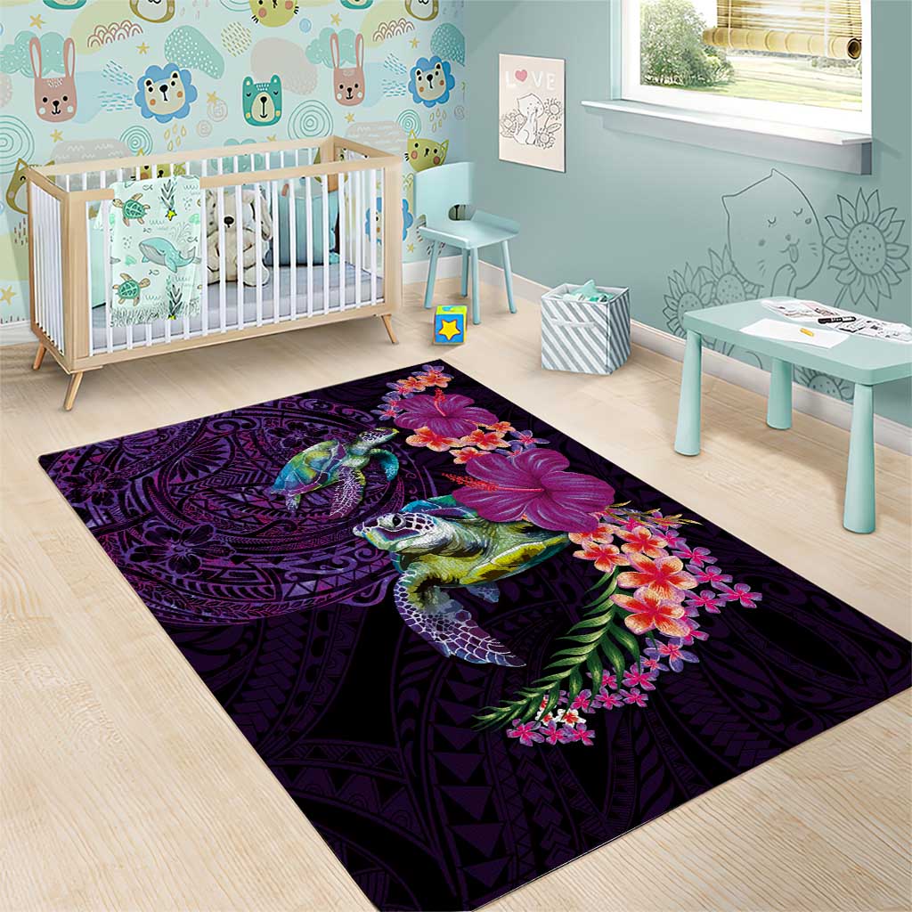 Hawaiian Plumeria and Hibiscus with Turtles Area Rug Polynesian Art Purple Color - Polynesian Pride
