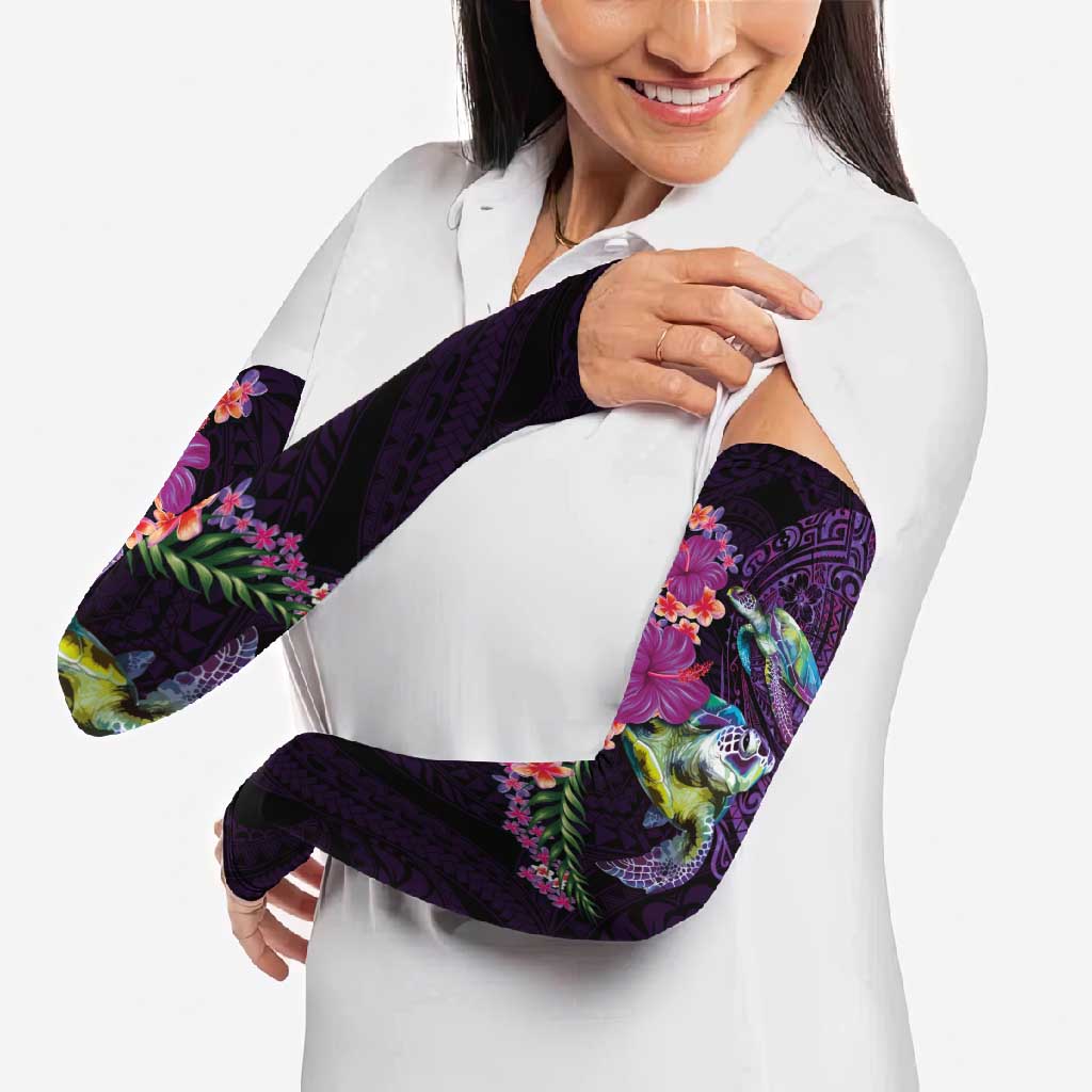 Hawaiian Plumeria and Hibiscus with Turtles Arm Sleeves Polynesian Art Purple Color - Polynesian Pride