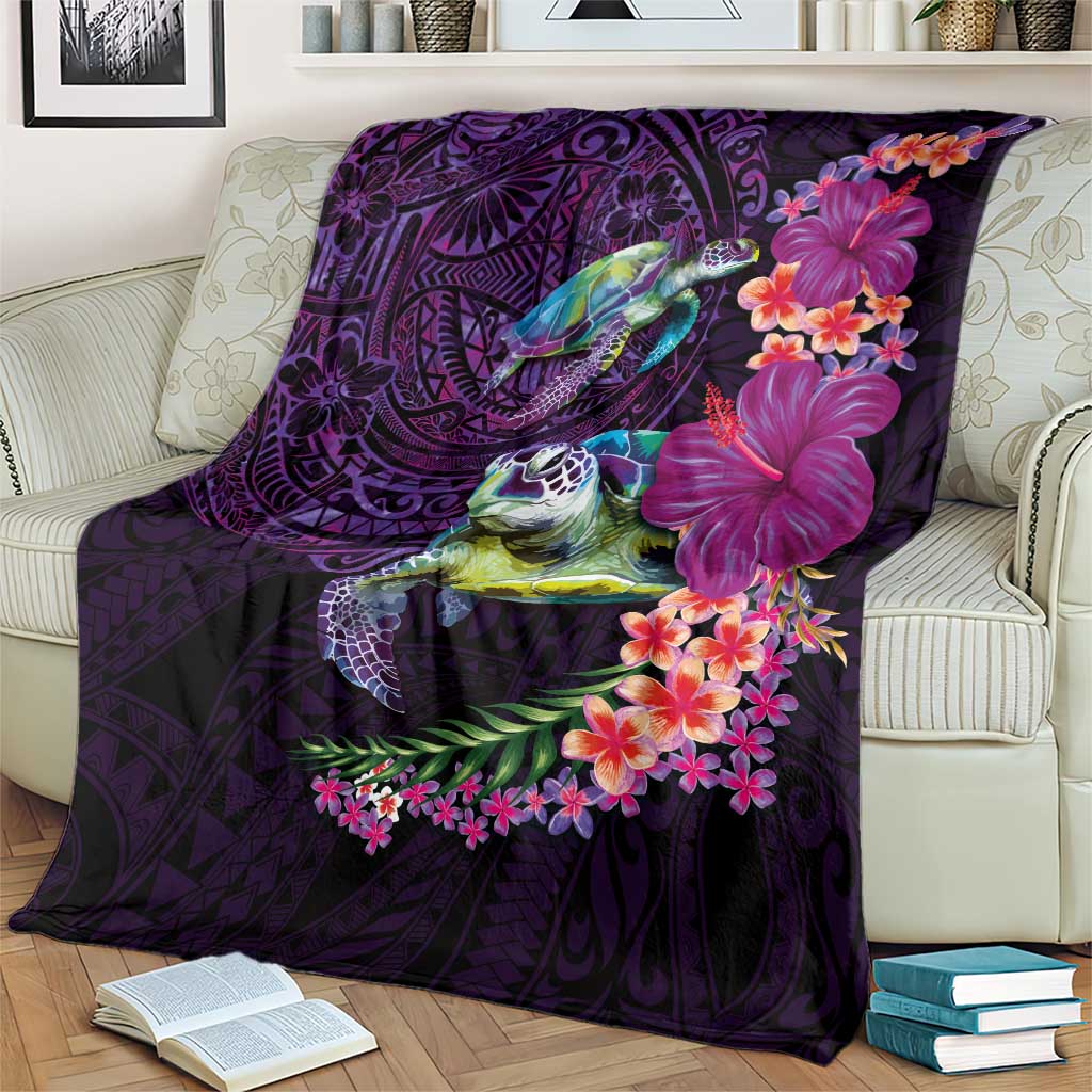 Hawaiian Plumeria and Hibiscus with Turtles Blanket Polynesian Art Purple Color - Polynesian Pride