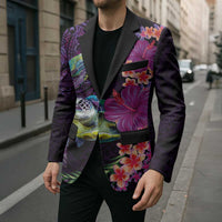 Hawaiian Plumeria and Hibiscus with Turtles Blazer Polynesian Art Purple Color - Polynesian Pride