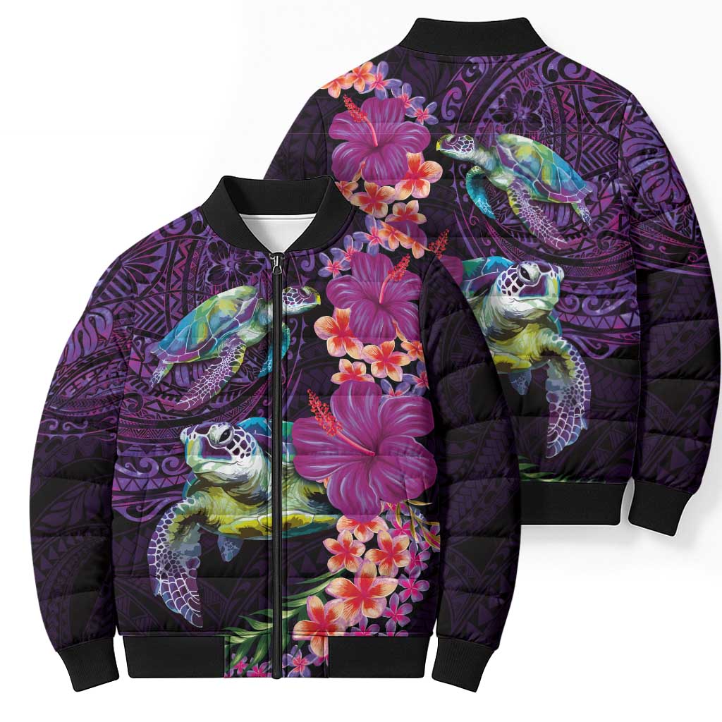 Hawaiian Plumeria and Hibiscus with Turtles Bomber Puffer Jacket Polynesian Art Purple Color - Polynesian Pride