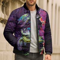 Hawaiian Plumeria and Hibiscus with Turtles Bomber Puffer Jacket Polynesian Art Purple Color - Polynesian Pride