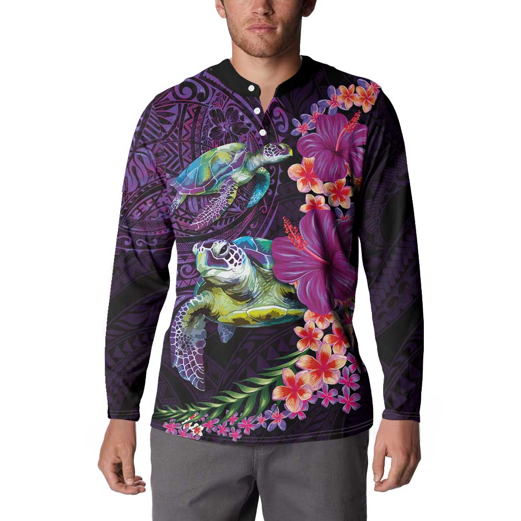 Hawaiian Plumeria and Hibiscus with Turtles Button Sweatshirt Polynesian Art Purple Color - Polynesian Pride