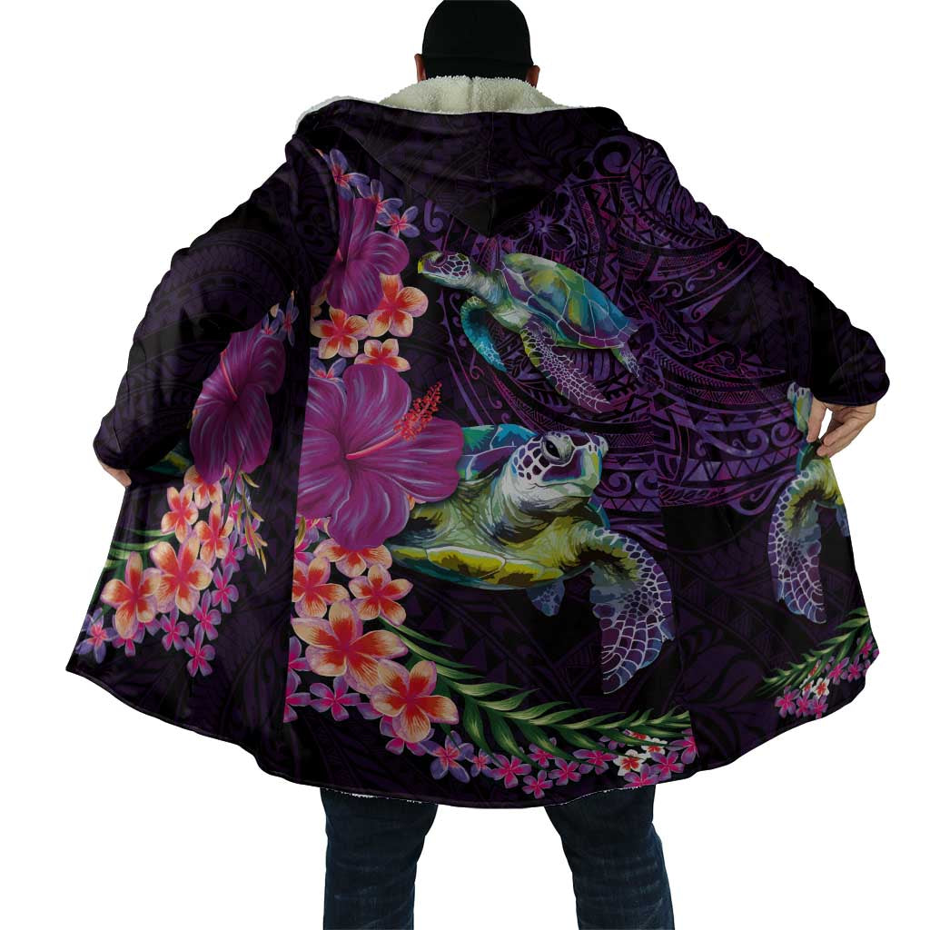 Hawaiian Plumeria and Hibiscus with Turtles Cloak Polynesian Art Purple Color - Polynesian Pride