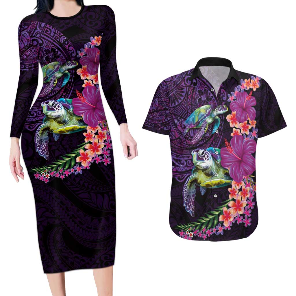 Hawaiian Plumeria and Hibiscus with Turtles Couples Matching Long Sleeve Bodycon Dress and Hawaiian Shirt Polynesian Art Purple Color - Polynesian Pride