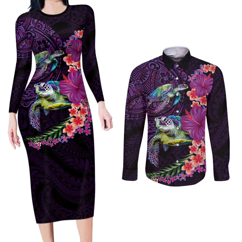 Hawaiian Plumeria and Hibiscus with Turtles Couples Matching Long Sleeve Bodycon Dress and Long Sleeve Button Shirt Polynesian Art Purple Color - Polynesian Pride